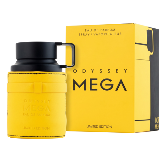 Odyssey Mega perfume bottle and packaging on a white background