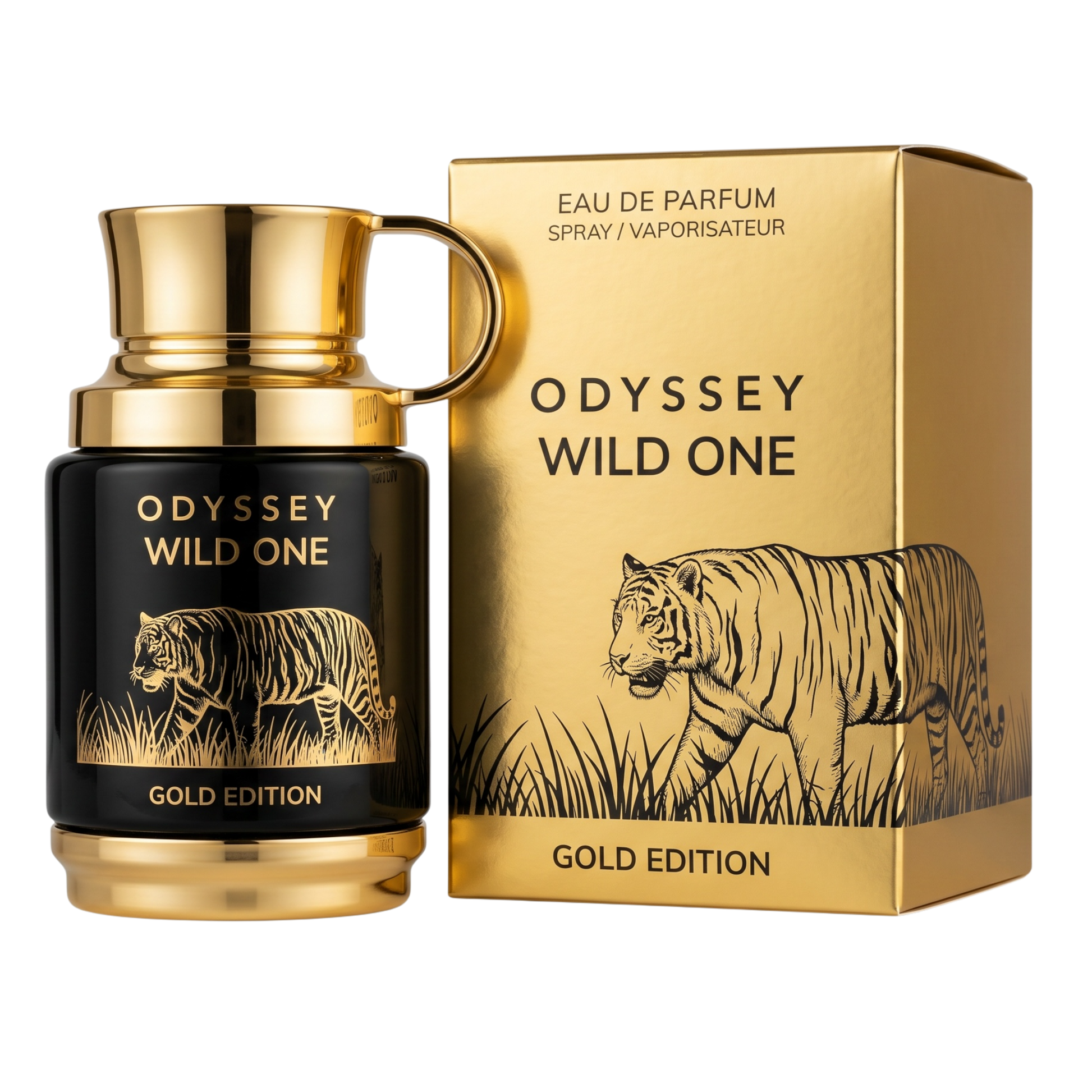 Odyssey Wild One Gold Edition Eau de Parfum bottle and packaging with tiger illustration.