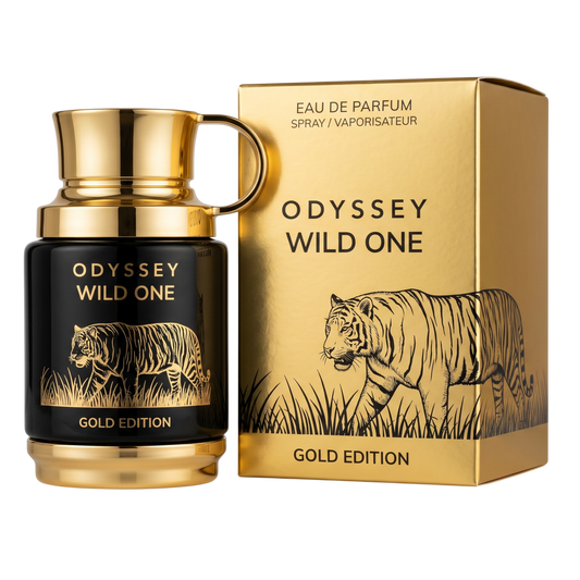 Odyssey Wild One Gold Edition Eau de Parfum bottle and packaging with tiger illustration.