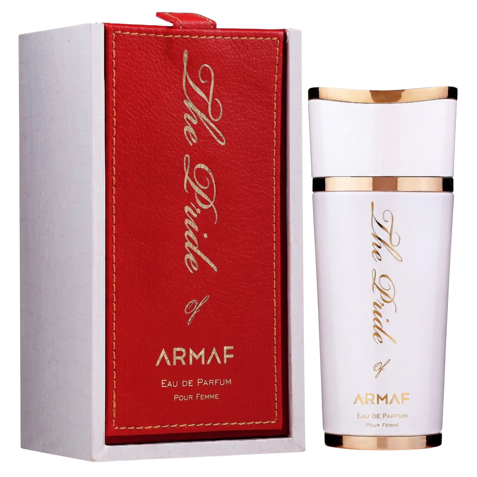 Armaf perfume bottle and red box on a white background