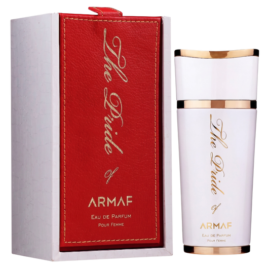 Armaf perfume bottle and red box on a white background
