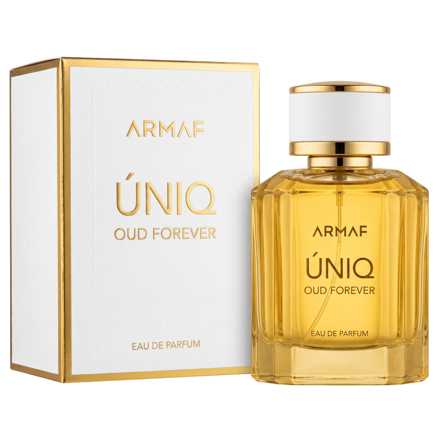 Armaf Uniq Oud Forever perfume bottle and packaging on a white background