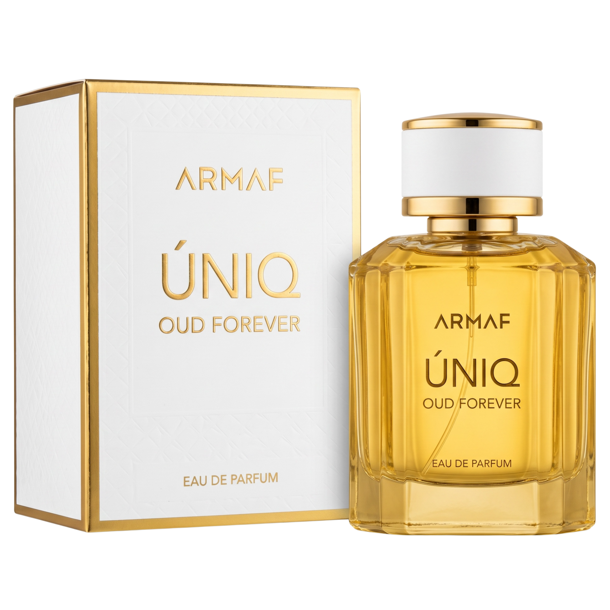 Armaf Uniq Oud Forever perfume bottle and packaging on a white background
