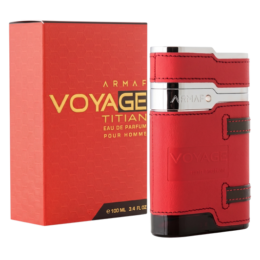 Red Armaf Voyage Titan perfume bottle and packaging on a white background