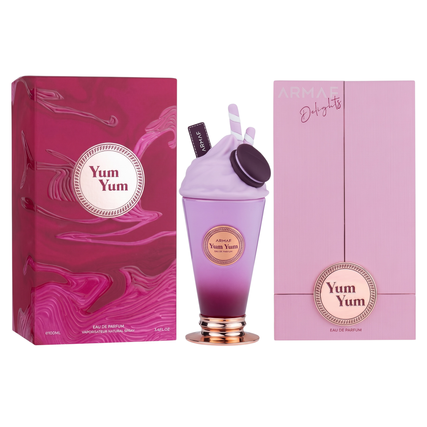 Yum Yum perfume bottle and packaging on a white background
