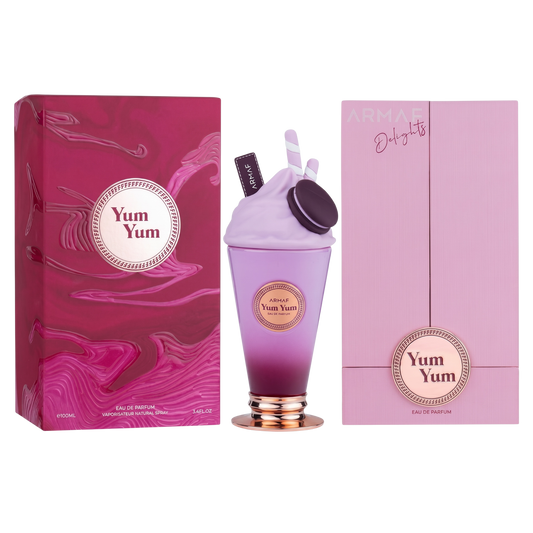 Yum Yum perfume bottle and packaging on a white background
