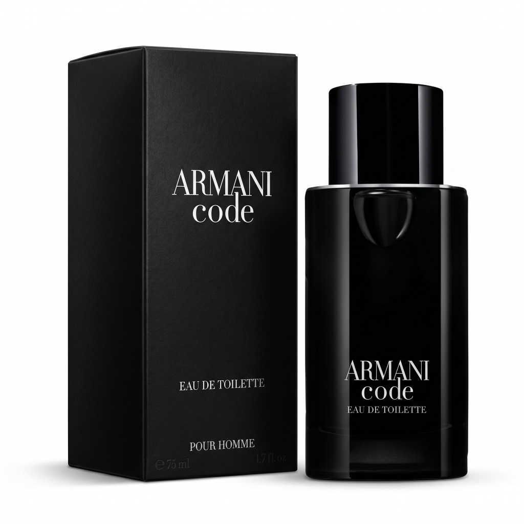 Black Armani Code perfume bottle and packaging on a white background