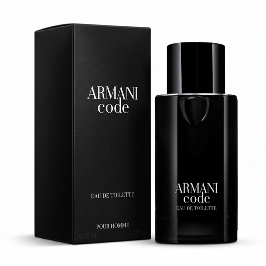 Black Armani Code perfume bottle and packaging on a white background