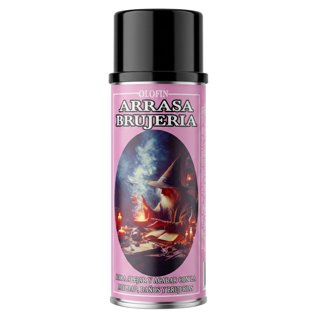 A can of Olquin Arrasa Brujeria spray, featuring a pink label with a wizard illustration and a black cap, set against a plain white background.