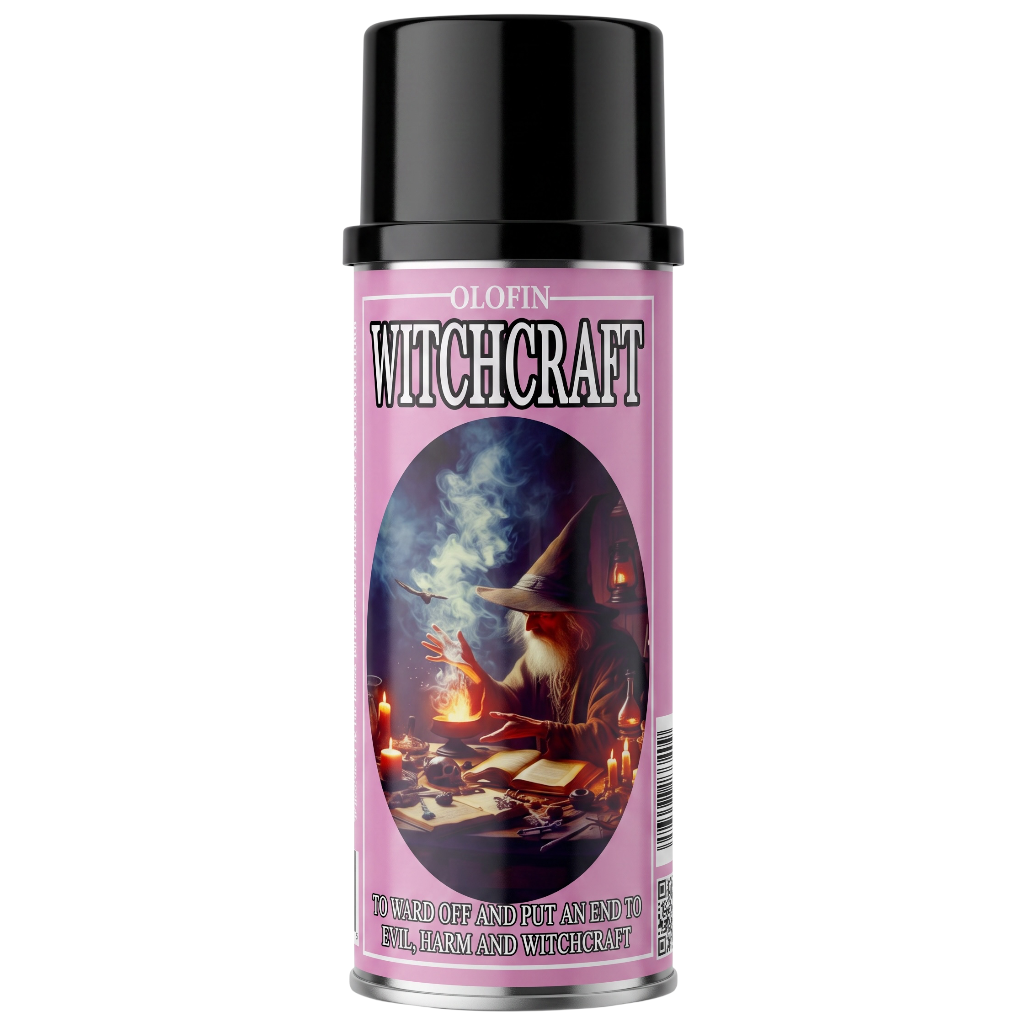 A can of Olofin Witchcraft spray paint with a black cap and a pink label featuring a wizard illustration.