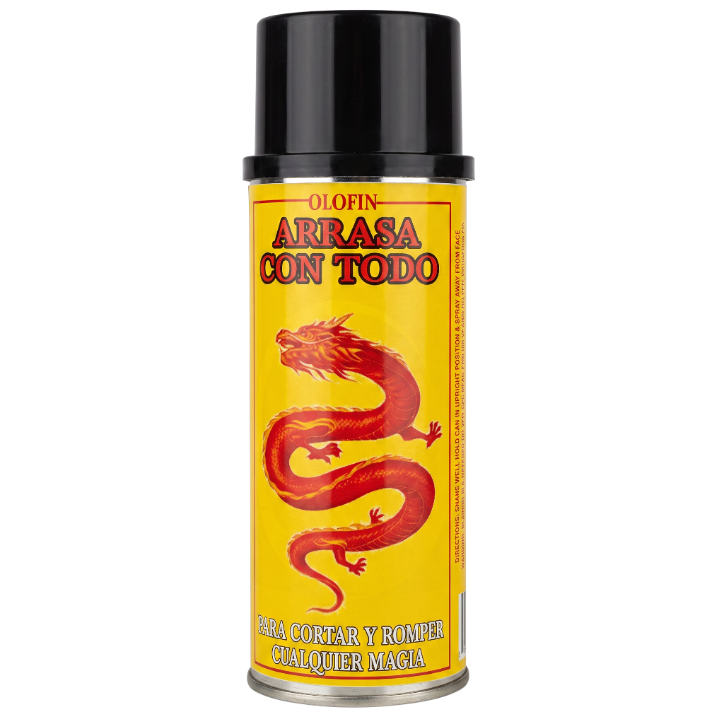 A can of Olofin Arrasa Con Todo magic remover spray with a bright yellow label featuring a red dragon illustration and a black cap, set against a plain white background.