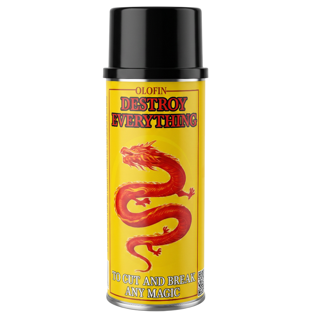 A can of Olofin Destroy Everything spray with a black cap, yellow label, and red dragon graphic on a white background.