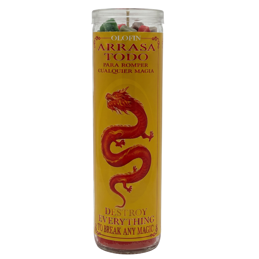 A tall glass jar candle with a yellow label featuring a red dragon illustration and Spanish text reading 'Olofin Arrasa Todo' and 'Para romper cualquier magia.'.