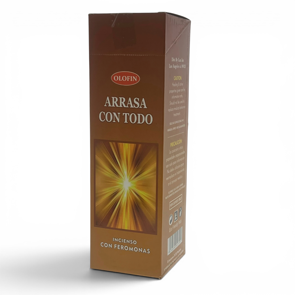 A brown rectangular box of Olofin Arrasa Con Todo incense with feromonas, featuring a golden starburst graphic on the front, set against a plain white background.