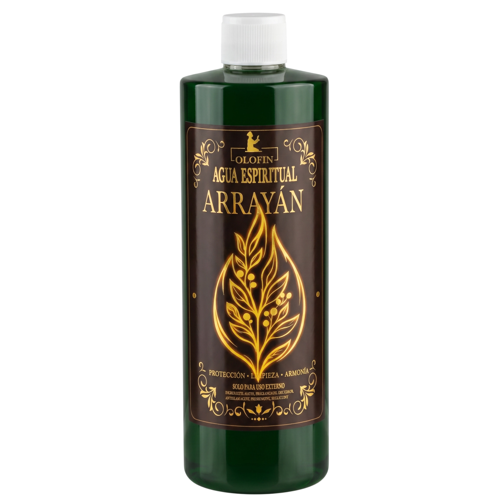 A 16oz bottle of Olofin Agua Espiritual Arrayán, featuring a dark green translucent plastic bottle with a white cap and a dark brown label with gold lettering and a leaf design.