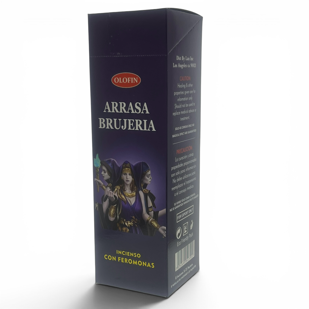 A tall rectangular Olofin Arrasa Brujeria incense box, shown standing upright at a slight angle on a white background. The box is dark purple with white text and an illustration of three hooded figures in purple and gold robes.