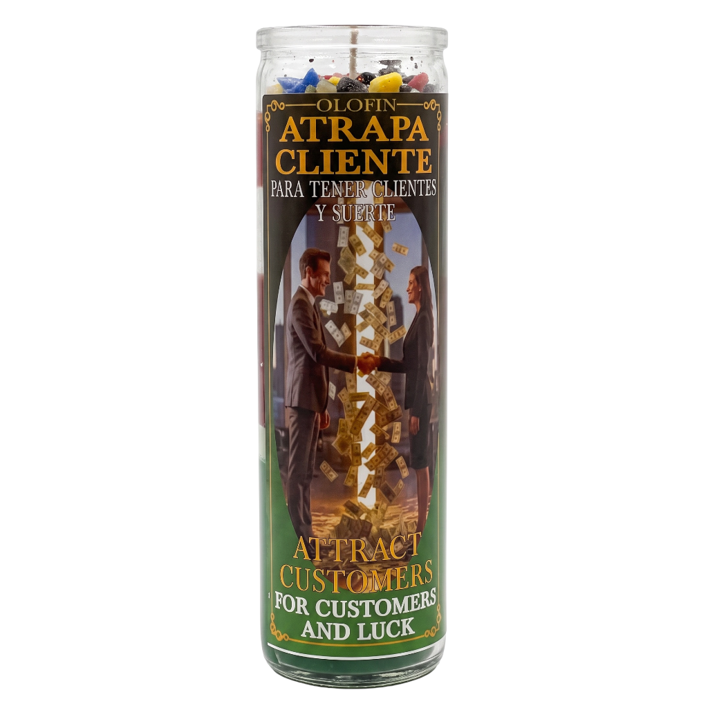 A tall glass jar candle with a Spanish label reading 'Olén Atrapa Cliente' and 'Attract Customers for Customers and Luck,' featuring a gold money graphic and two suited figures on the front.