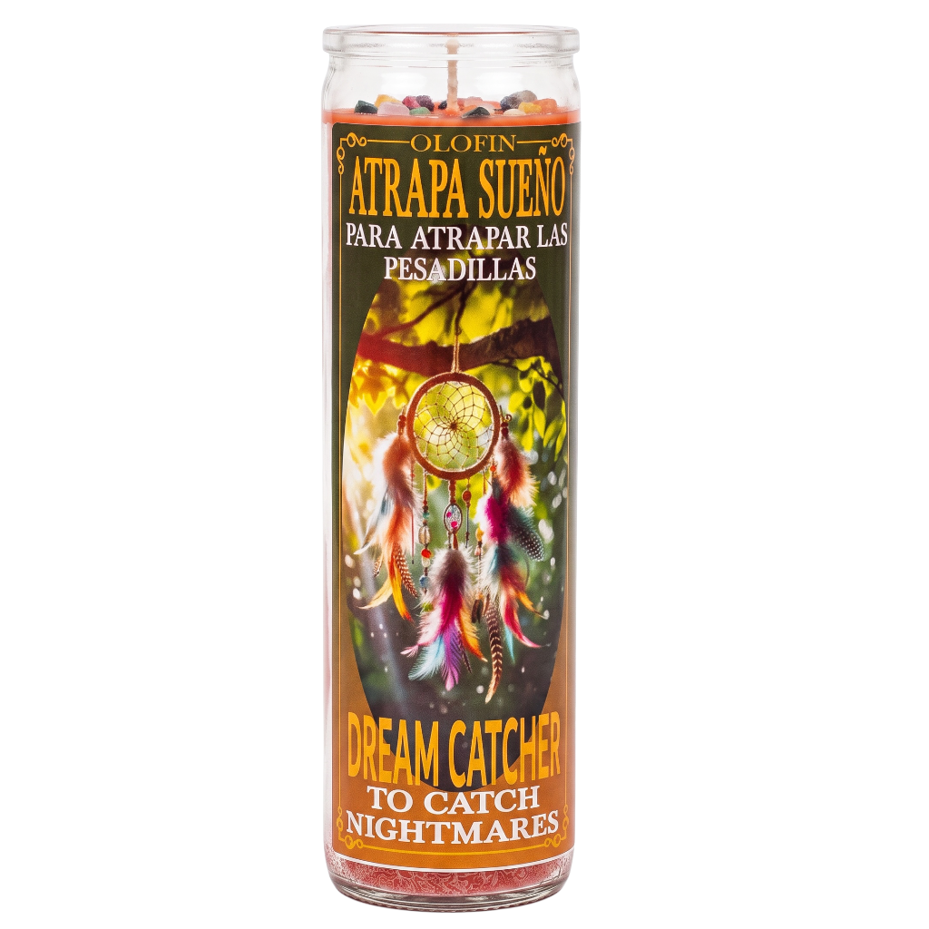 A tall glass jar candle labeled 'Olofin Atrapa Sueno' with a colorful dreamcatcher illustration and Spanish text 'Para atrapar las pesadillas' and 'Dream Catcher to catch nightmares' on a white background.