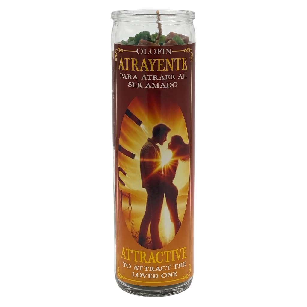 A tall glass jar candle labeled 'Olofin Atrayente' with a romantic couple silhouette design on the front, set against a plain white background.