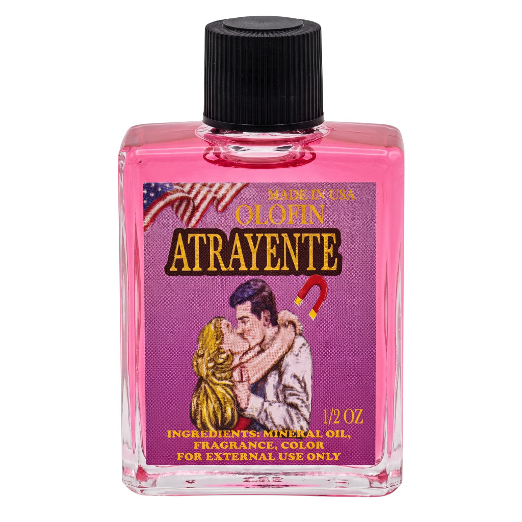 A 1/2 oz bottle of Atrayente by Clobin, featuring a bright pink liquid inside a clear rectangular bottle with a black cap and a purple label depicting a retro-style kissing couple.