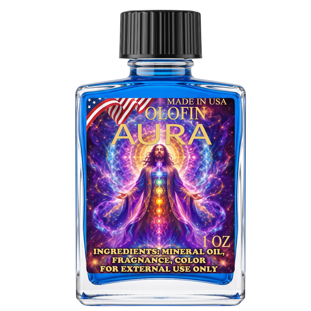 A 1 oz glass bottle of Olofin Aura mineral oil with a black ribbed cap and a colorful label featuring a spiritual figure surrounded by glowing chakras and cosmic patterns.