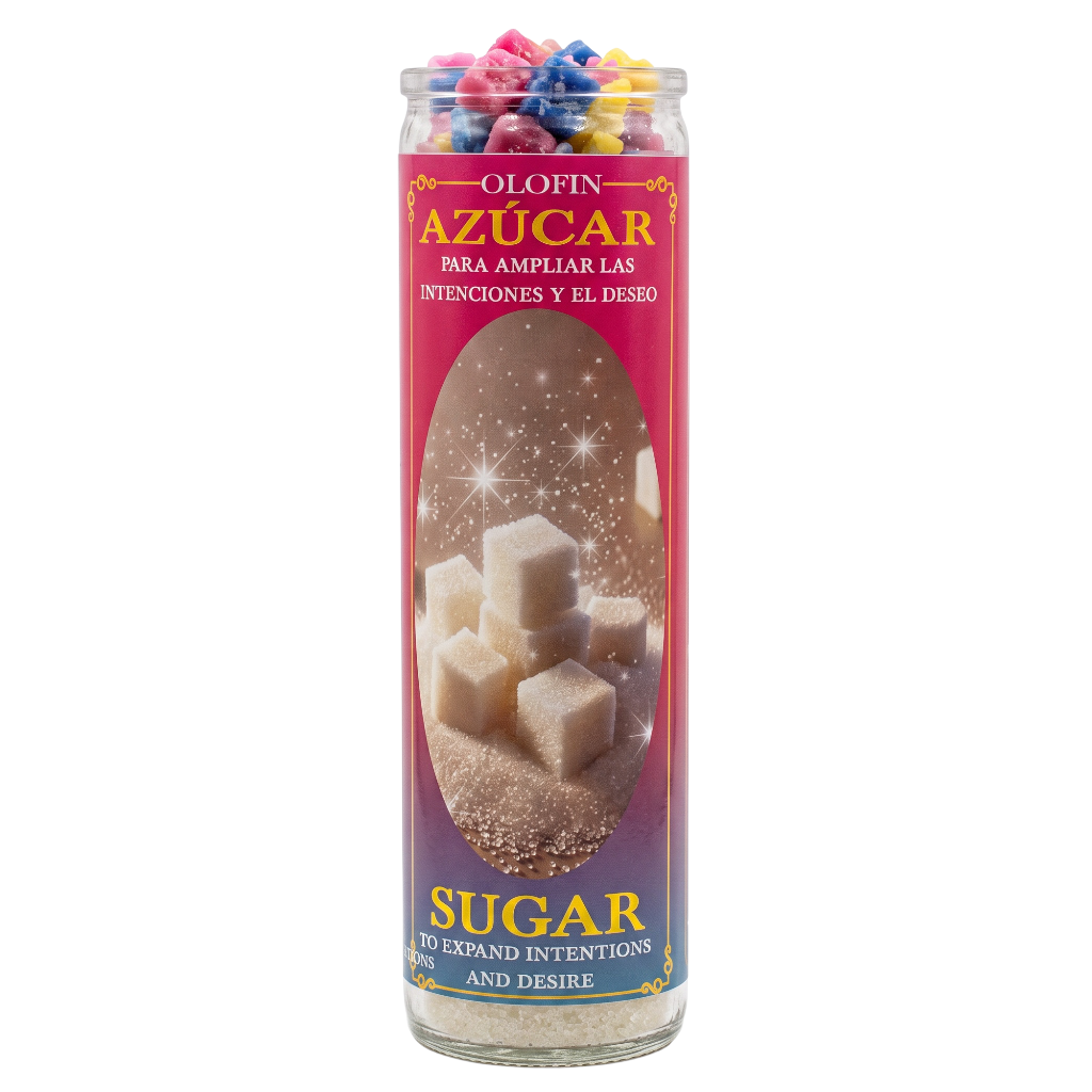 A tall glass jar candle labeled 'Olofin Azúcar' with colorful sugar cubes visible at the top and a pink-to-purple label featuring sugar cubes and Spanish text.