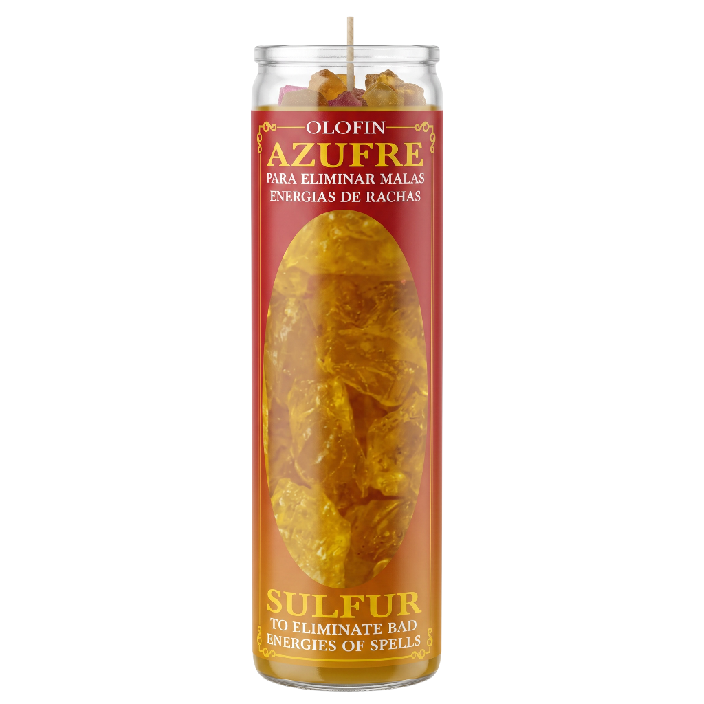 A tall glass jar candle labeled 'Olofin Azufre' with a red label, gold text, and a large yellow-gold sulfur stone graphic on the front, shown on a plain white background.