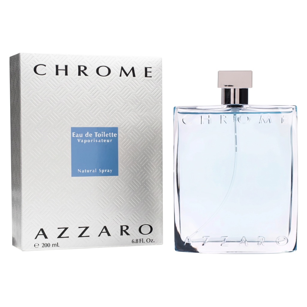 Azzaro Chrome perfume bottle and packaging on a white background
