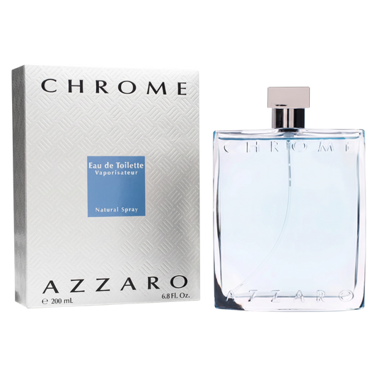 Azzaro Chrome perfume bottle and packaging on a white background