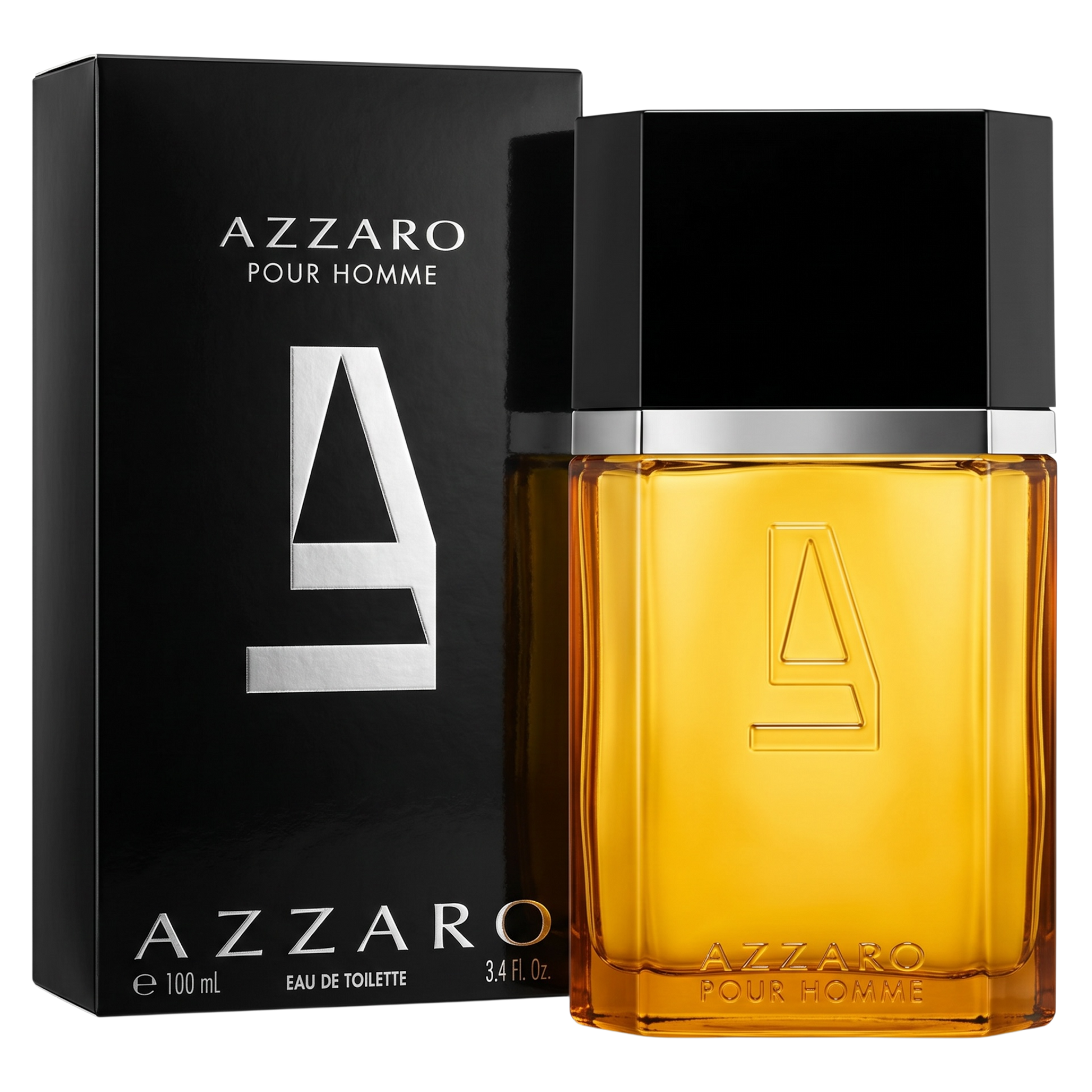 Azzaro Pour Homme perfume bottle and packaging on a white background
