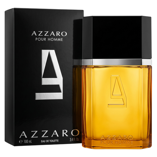 Azzaro Pour Homme perfume bottle and packaging on a white background