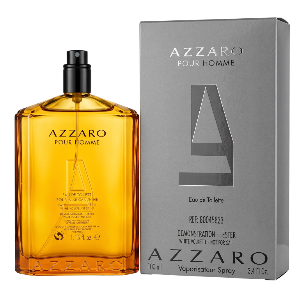 Azzaro Pour Homme perfume bottle and packaging on a white background