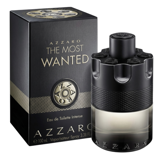 Azzaro The Most Wanted perfume bottle and packaging on a white background