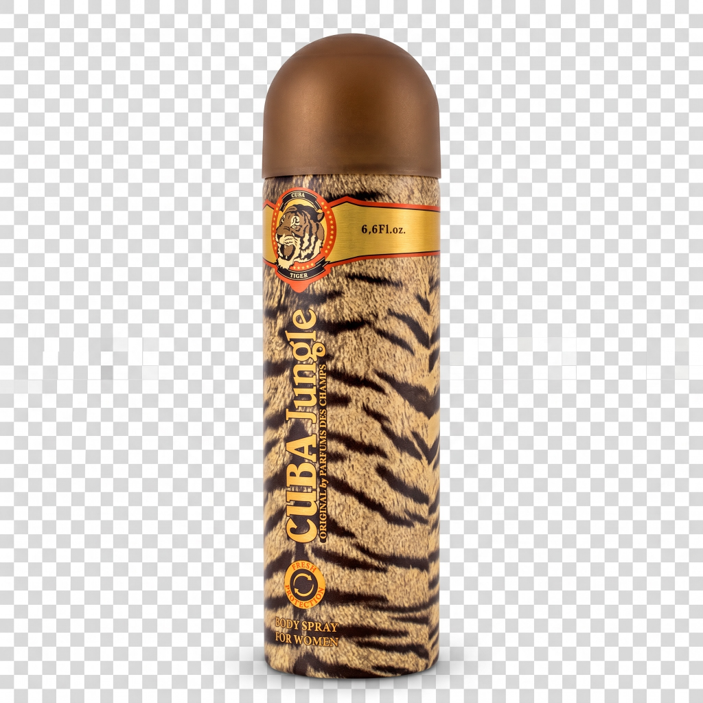Cuban Jungle cologne bottle with tiger stripe pattern on a transparent background