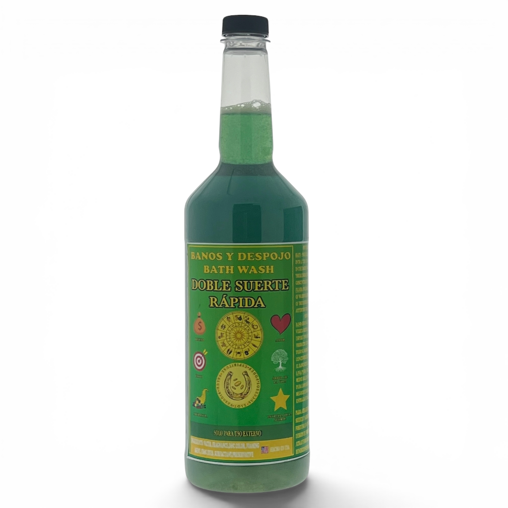 A green bottle of Spanish bath wash with a black cap and a green label featuring gold and red text and symbols, set against a plain white background.