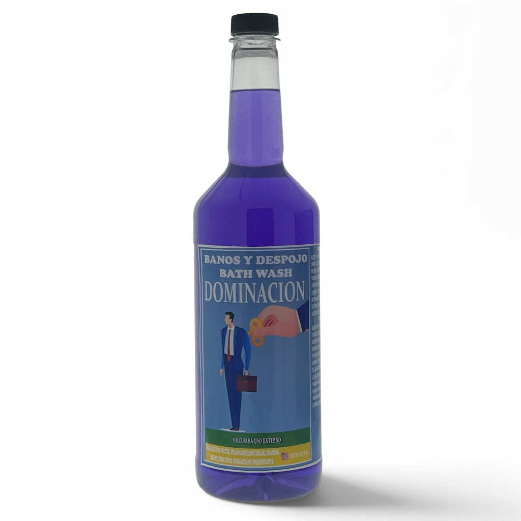 A bottle of purple bath wash with a black cap and a blue label reading 'BANOS Y DESPOJO BATH WASH DOMINACION'.