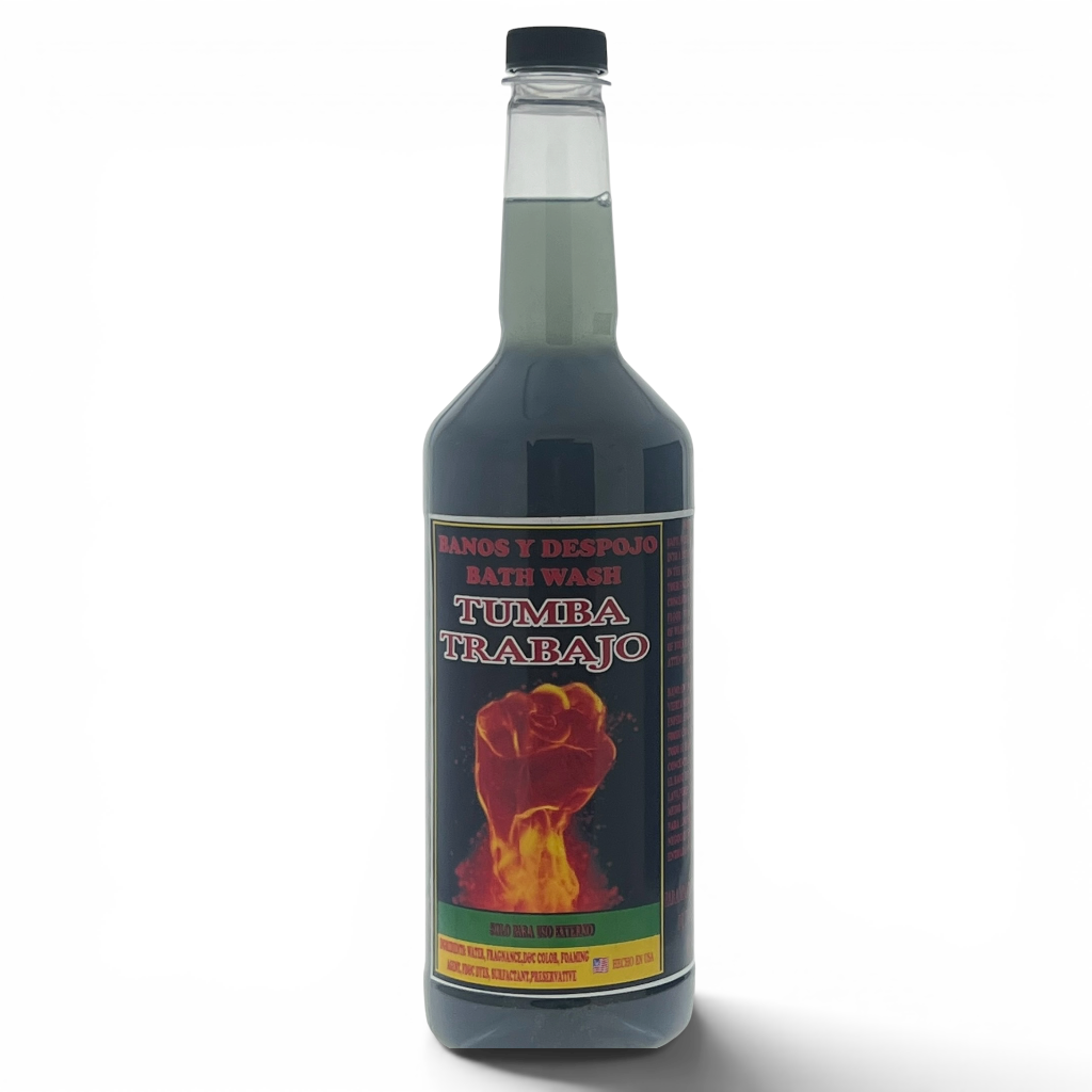 A bottle of Tumba Trabajo bath wash with a black cap and a dark label featuring a red and yellow raised fist graphic, set against a plain white background.
