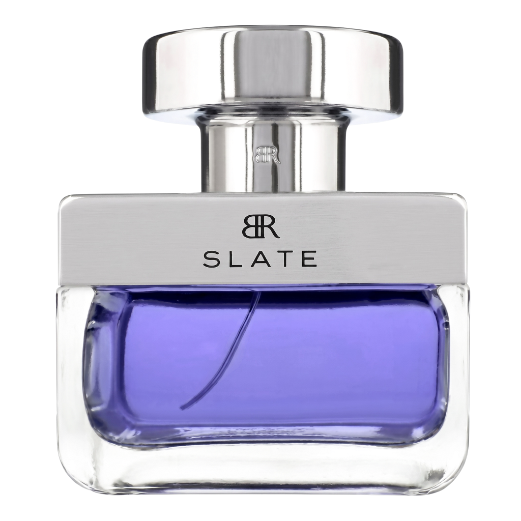 Perfume bottle with silver cap and purple liquid on a white background