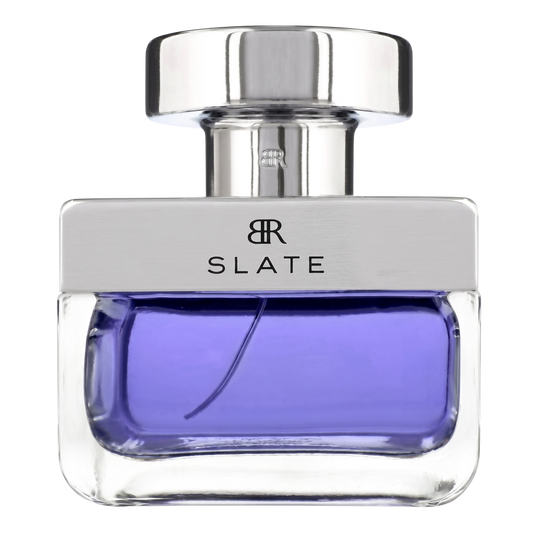 Perfume bottle with silver cap and purple liquid on a white background