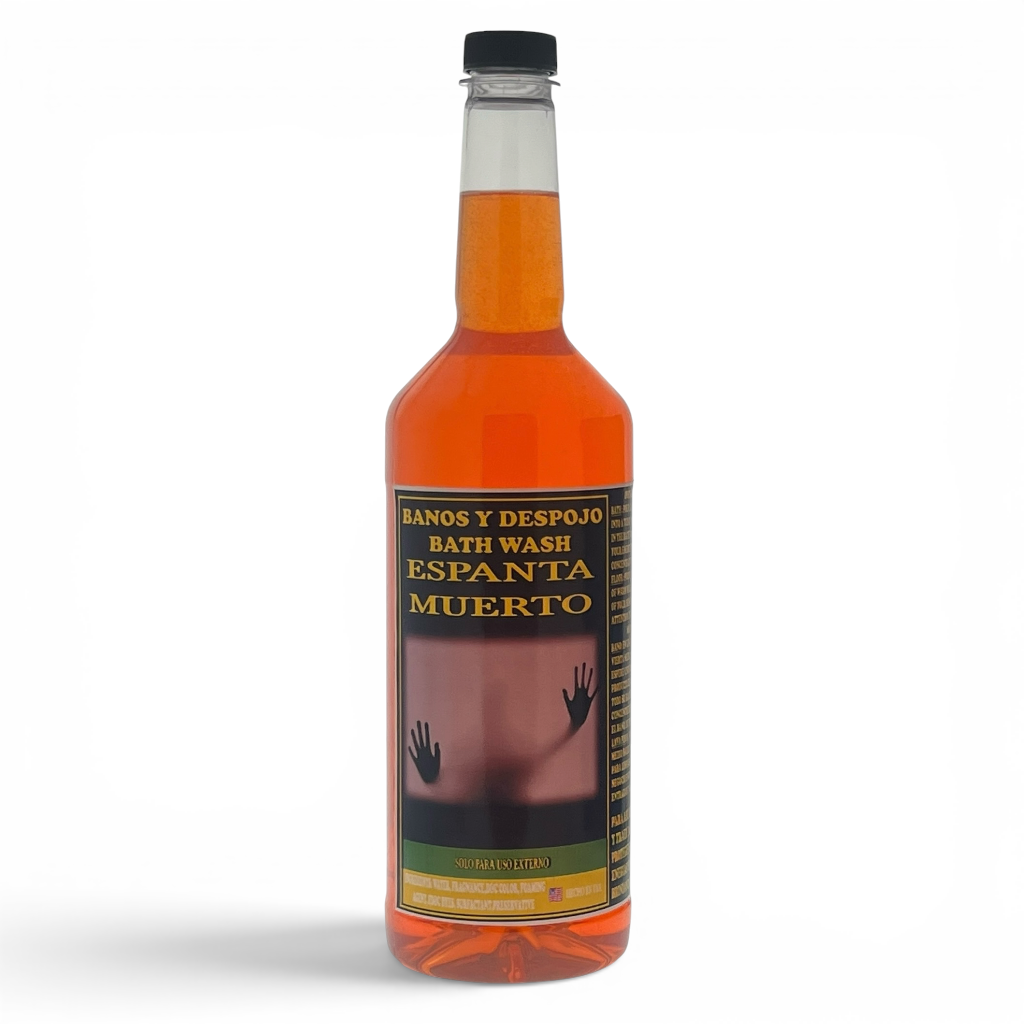 A bottle of Espanta Muerto bath wash with orange liquid, featuring a black cap and a label with Spanish text and a dark image of hands reaching up, set against a plain white background.