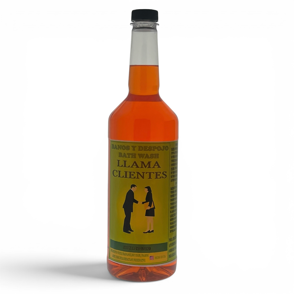 A clear glass bottle filled with amber-orange liquid, featuring a yellow label with black text reading 'LLAMA CLIENTES' and a black silhouette illustration, topped with a black cap, on a white background.