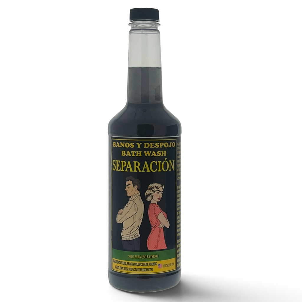 A bottle of Separación bath wash with a black label featuring a vintage-style illustration of a man and a woman, on a white background.