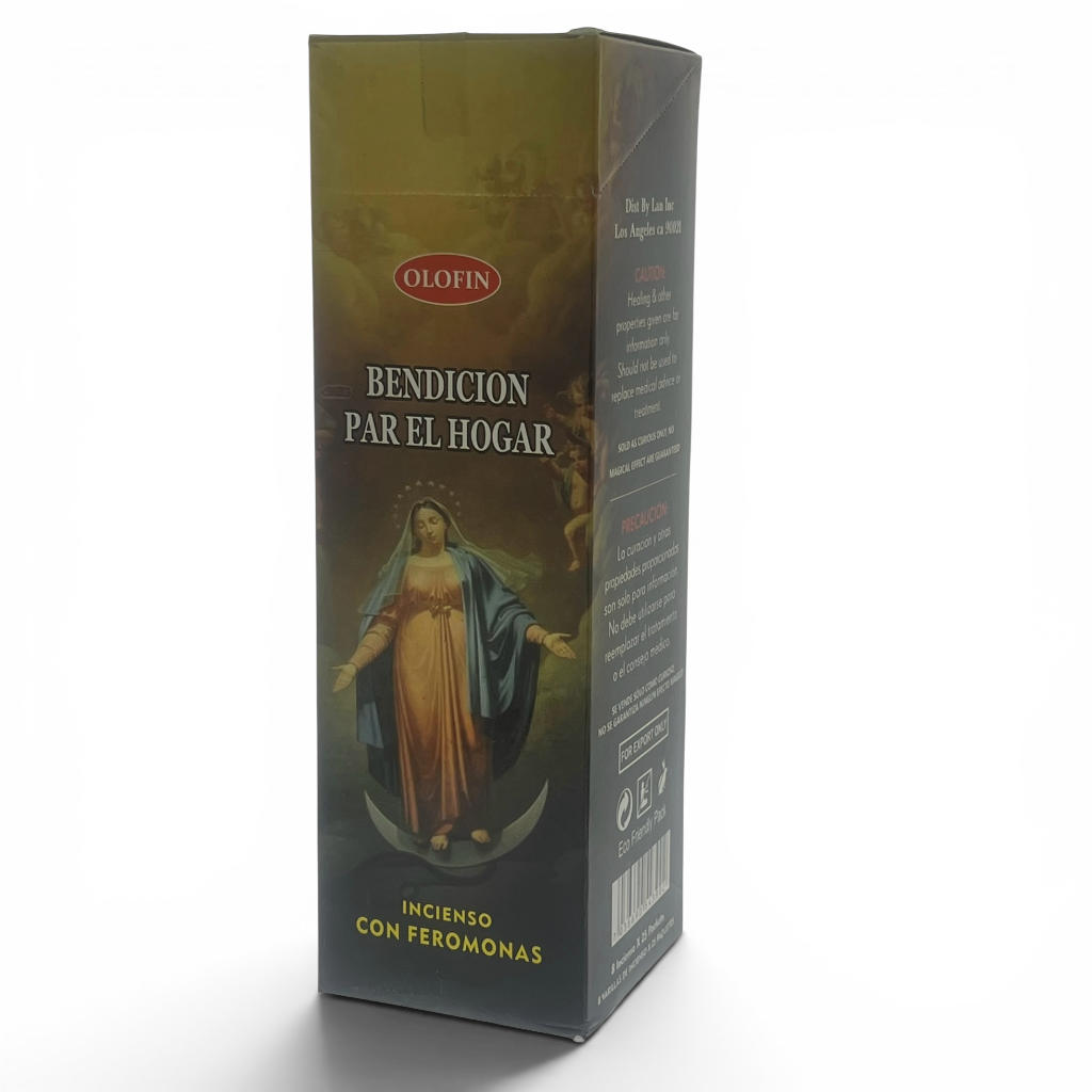 A tall rectangular box of Olofin Bendicion Par El Hogar incense with religious artwork of the Virgin Mary, shown on a plain white background.