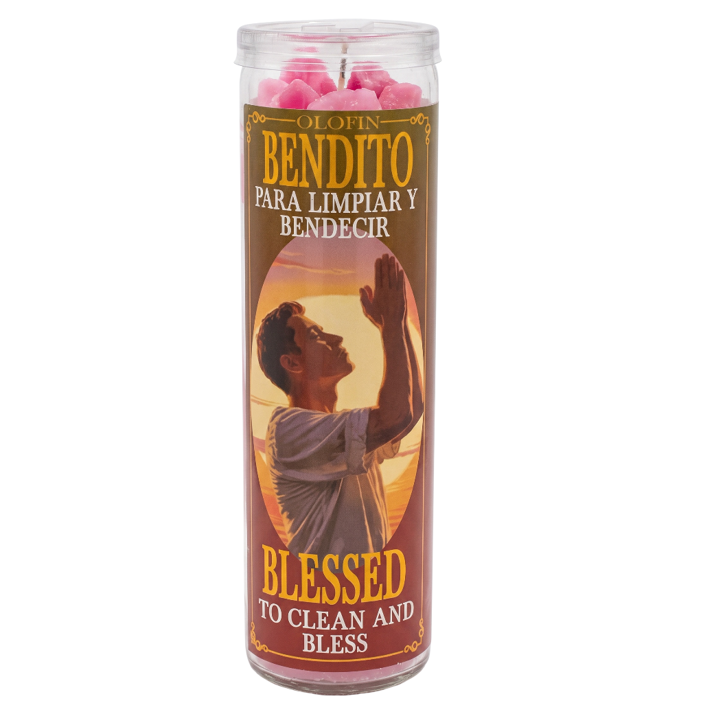A tall glass jar candle with pink wax and a printed label reading 'O LOPIN BENDITO PARA LIMPIAR Y BENDECIR / BLESSED TO CLEAN AND BLESS' on a white background.