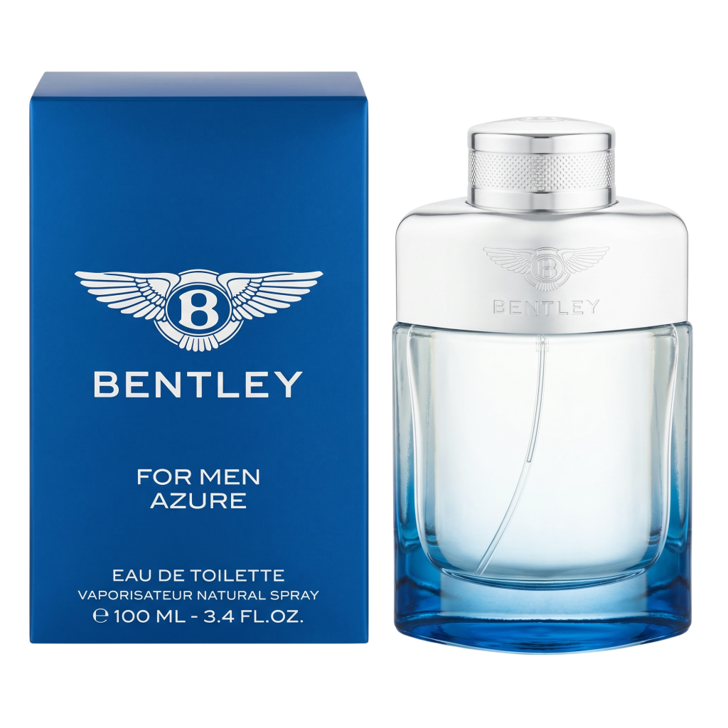 Bentley for Men Azure eau de toilette bottle and packaging on a white background