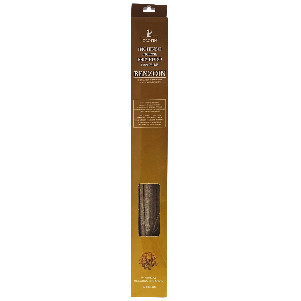 A tall, narrow brown cardboard package for incense sticks, with a small clear window showing several dark incense sticks inside. The package has white and gold text including the brand name 'GROOVINO' and the scent name 'BENZOIN'.