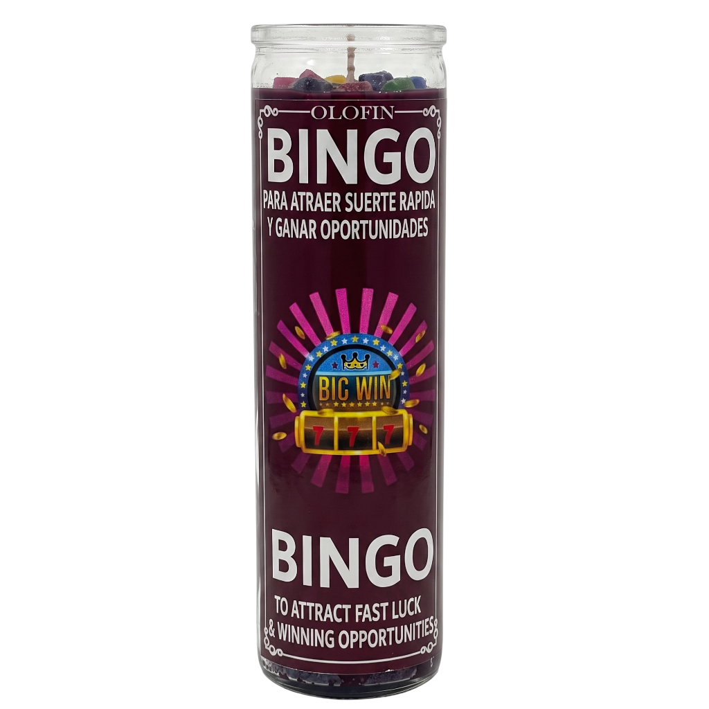 A tall glass jar candle with a dark purple label featuring the word 'OLOFIN' and 'BINGO' in large white letters, plus a colorful casino-style slot machine graphic and Spanish and English text about quick luck and opportunities.