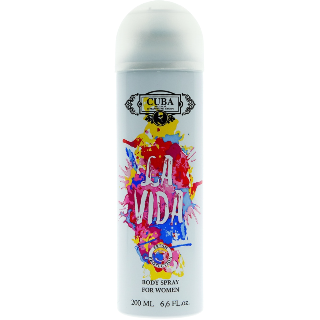 Body spray bottle with colorful design and 'Cuba' branding on a white background