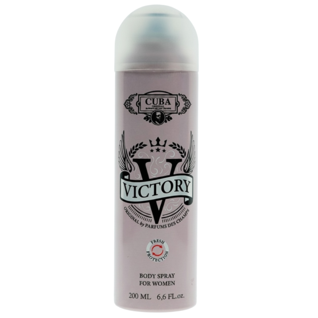 Body spray bottle labeled 'Cuba Victory' on a white background