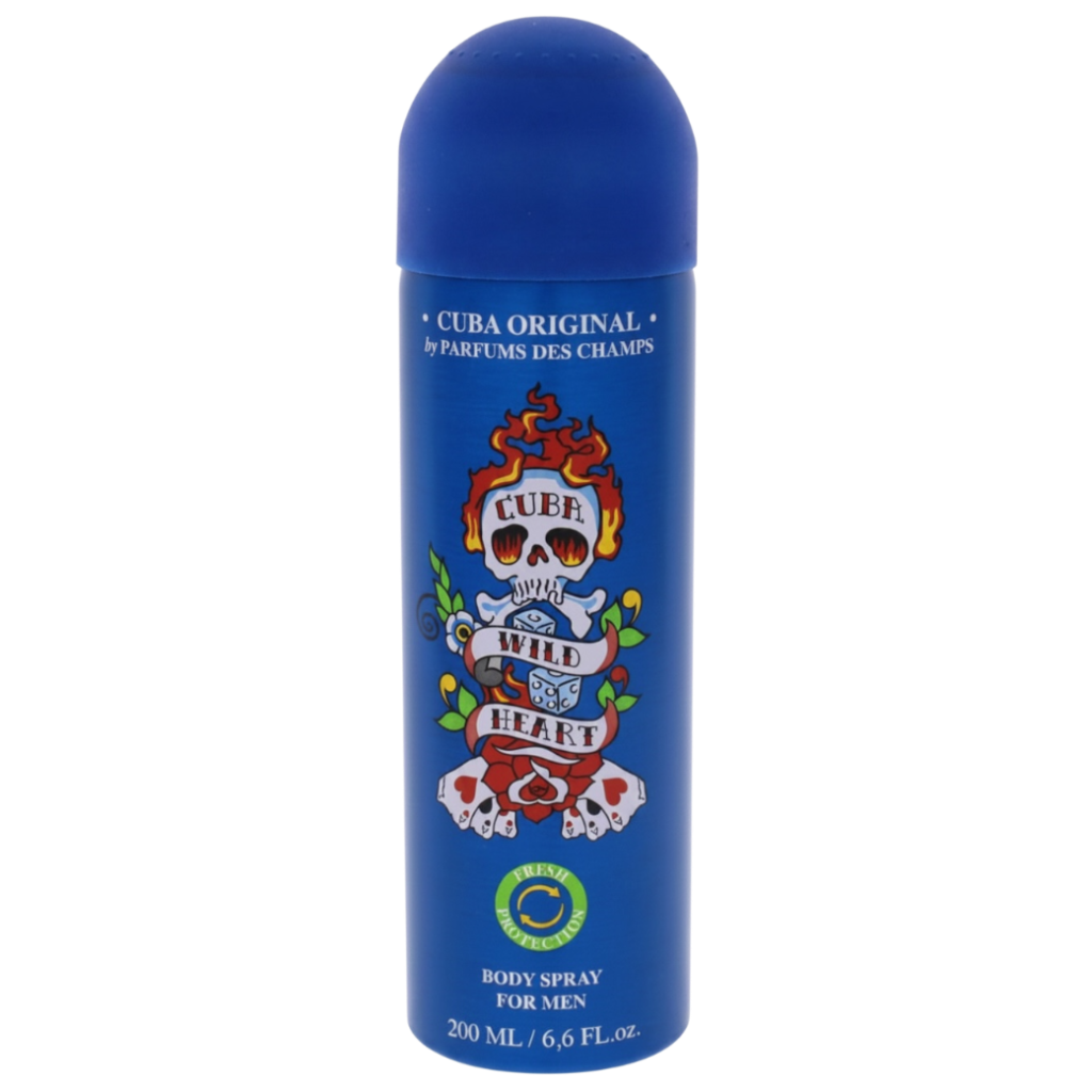 Blue body spray bottle with colorful design on a white background